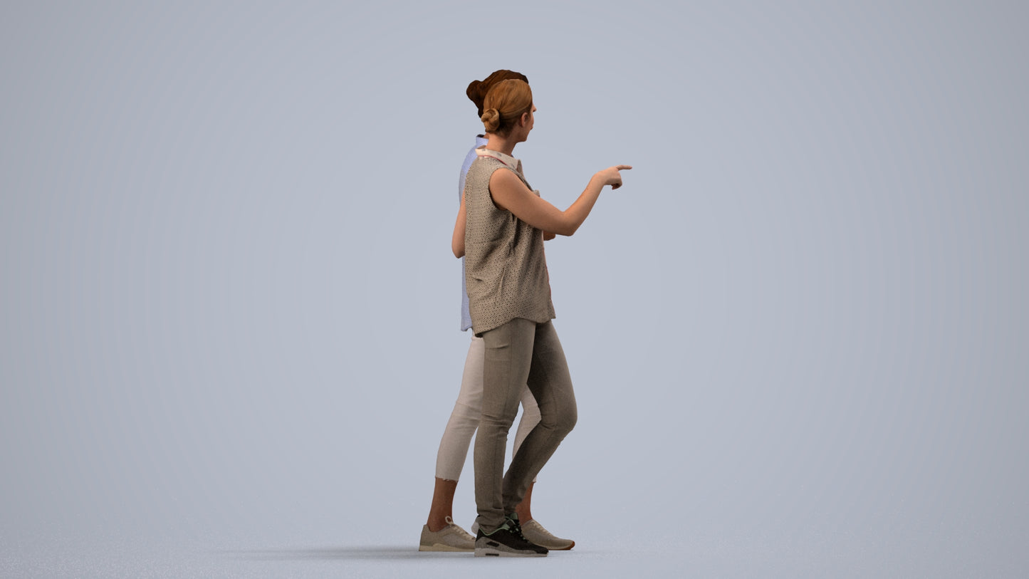 3D human model woman casual couple, photogrammetry scanned person for archviz, side view render
