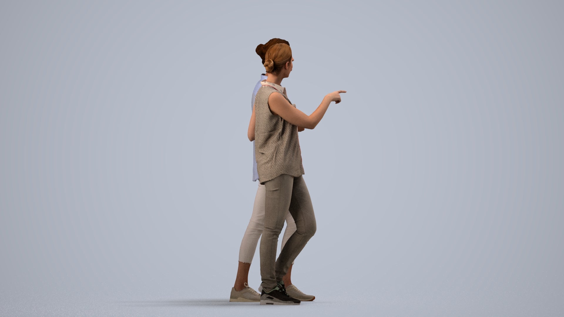 3D human model woman casual couple, photogrammetry scanned person for archviz, side view render