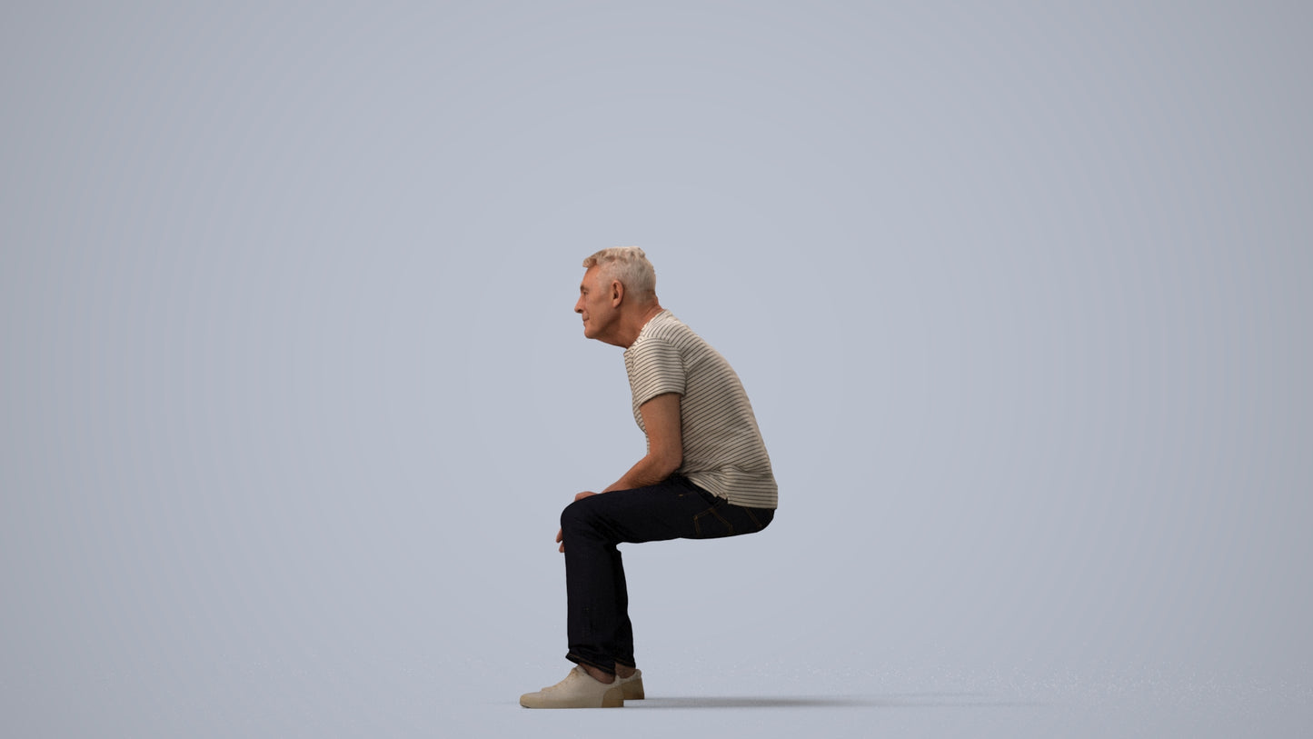 3D scanned senior man sitting casual, photorealistic archviz people for Enscape and SketchUp, three-quarter view render
