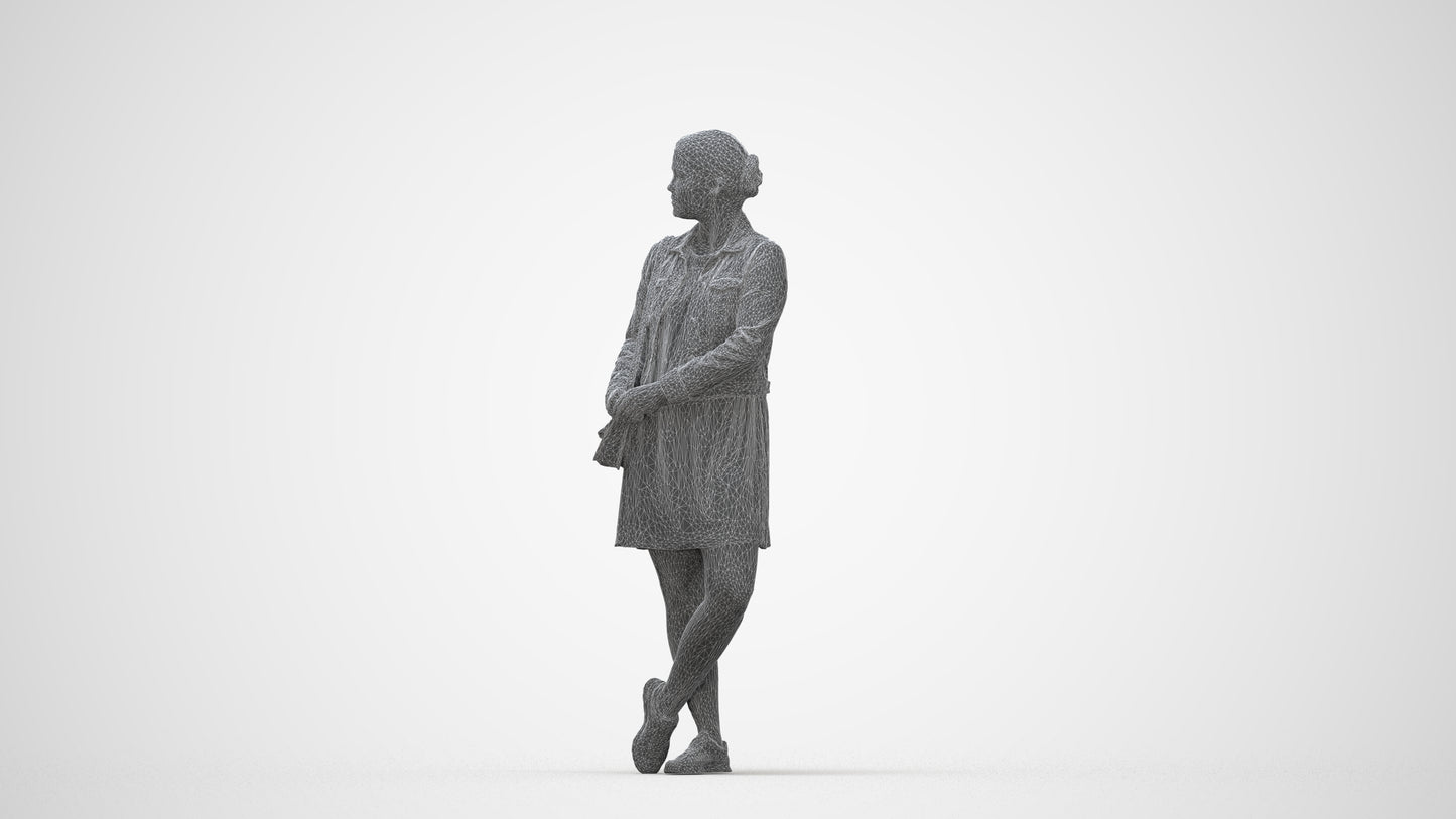 realistic 3D human woman casual standing, archviz people FBX OBJ for Blender, wireframe back view