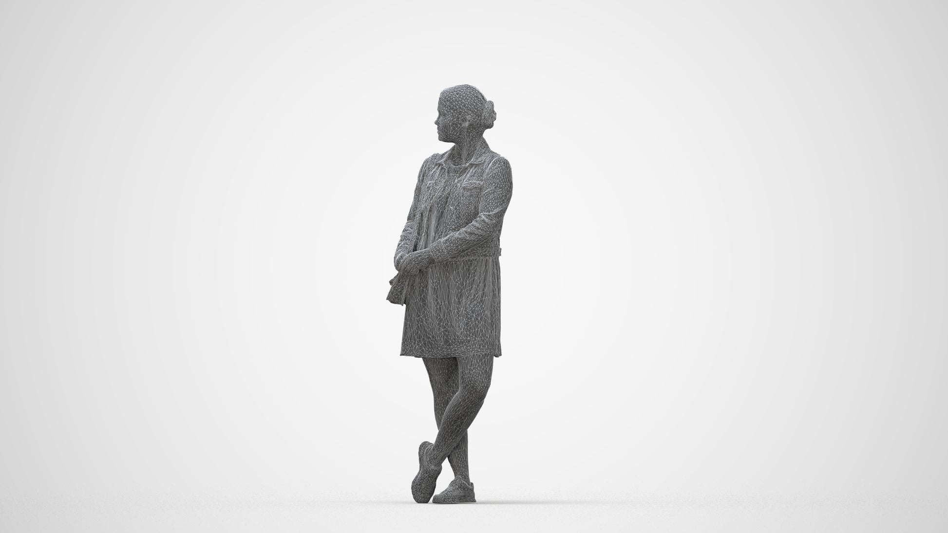 realistic 3D human woman casual standing, archviz people FBX OBJ for Blender, wireframe back view