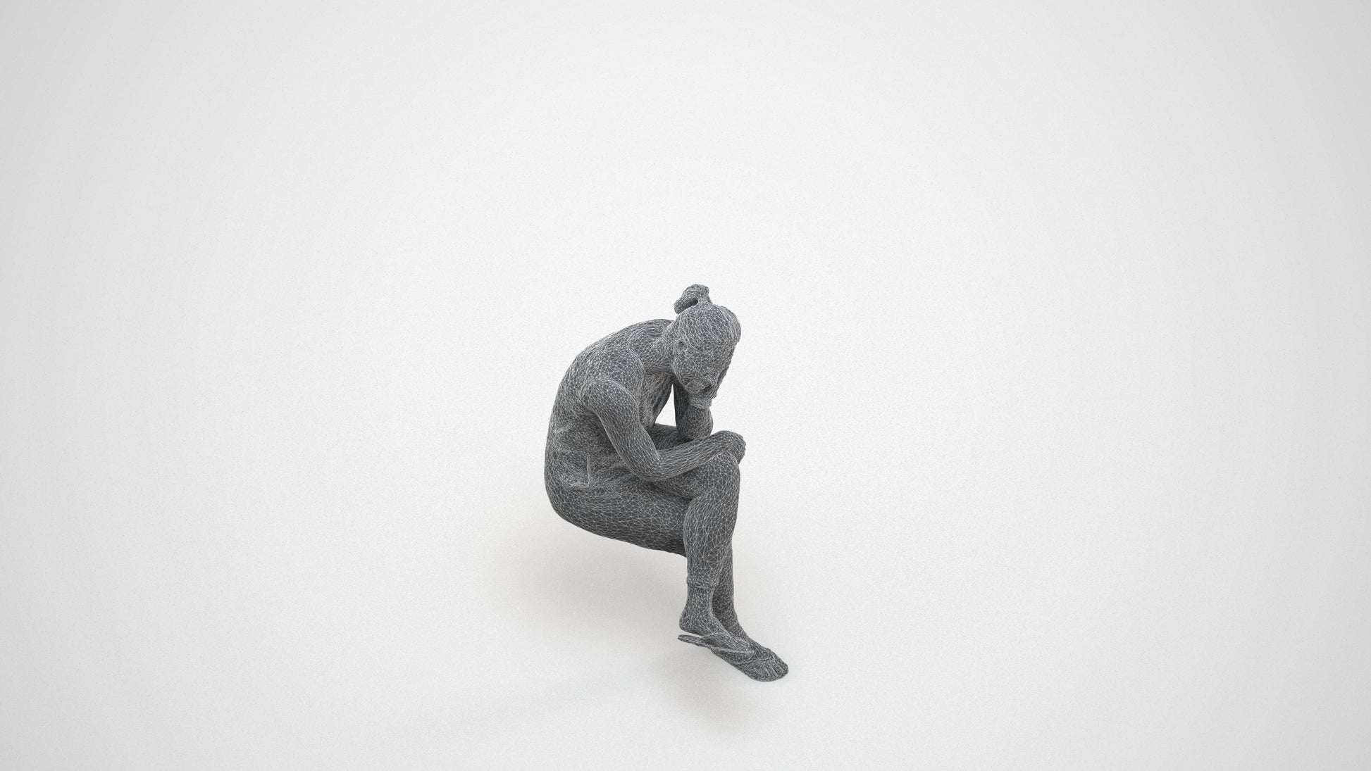 realistic 3D woman casual sitting, scanned archviz people for Blender and 3ds Max, wireframe three-quarter view