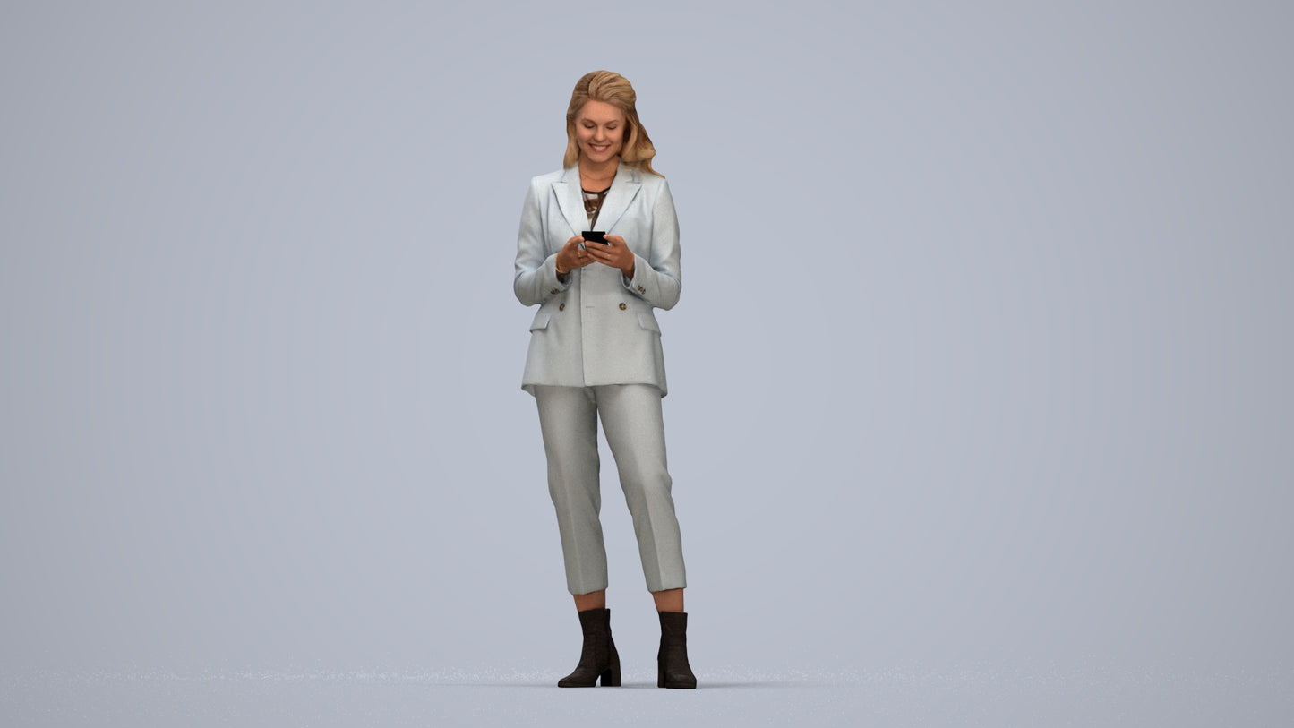 3D human model woman business, photogrammetry scanned person for archviz, top-down view render