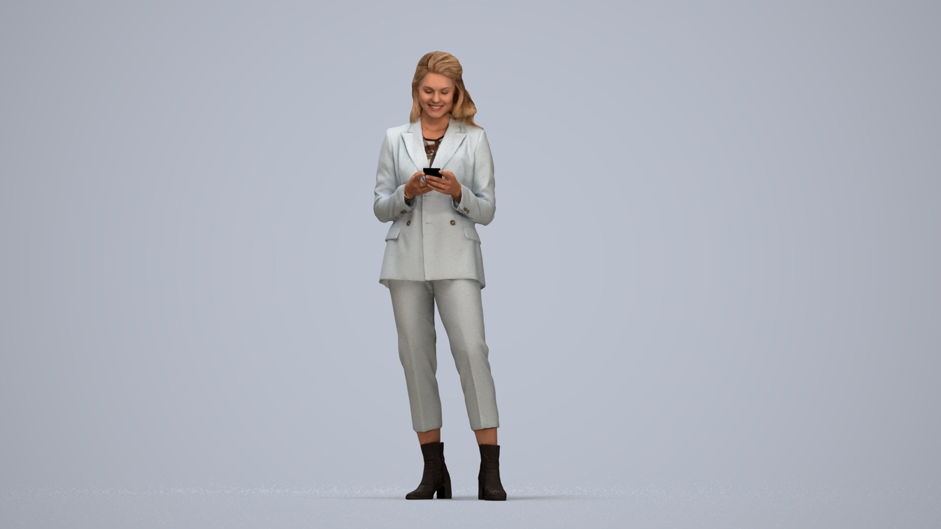 3D human model woman business, photogrammetry scanned person for archviz, top-down view render