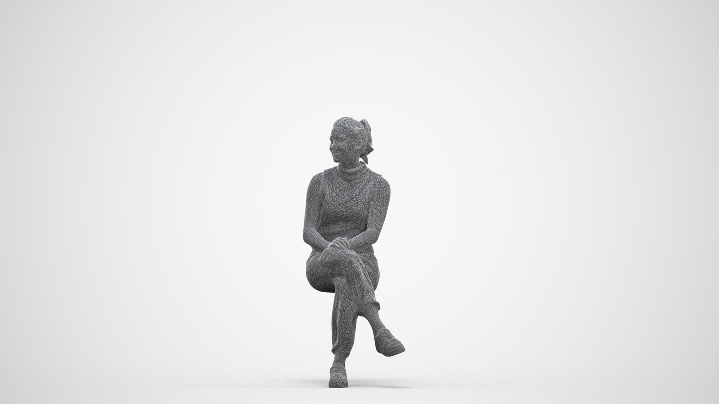 realistic 3D woman casual sitting, scanned archviz people for Blender and 3ds Max, three-quarter front view render