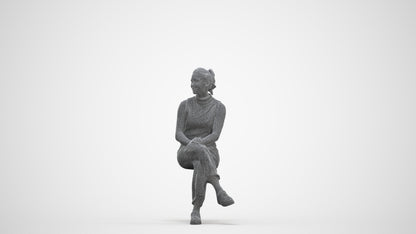 realistic 3D woman casual sitting, scanned archviz people for Blender and 3ds Max, three-quarter front view render