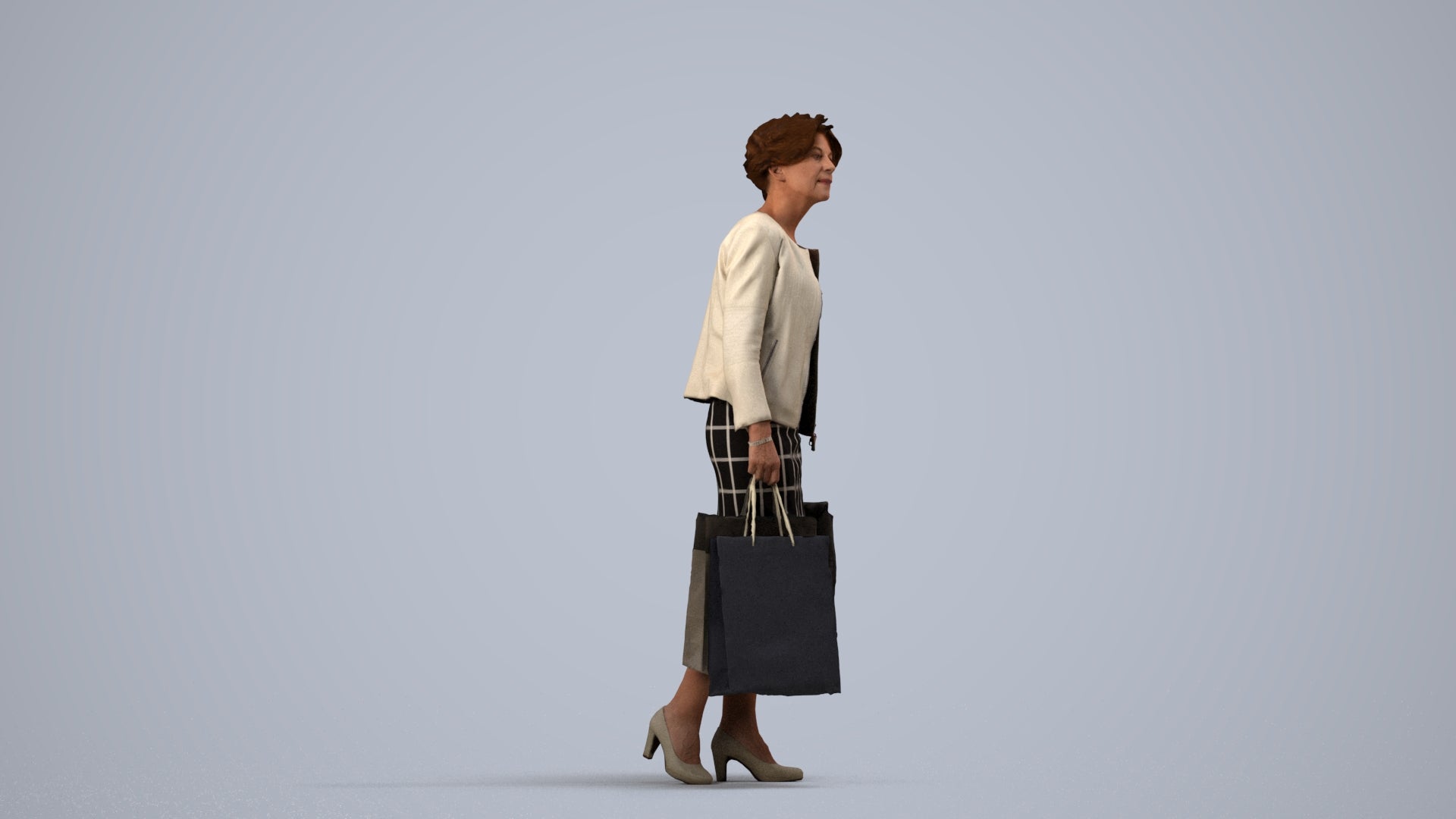 realistic 3D human woman business shopping, archviz people FBX OBJ for Blender, side view render