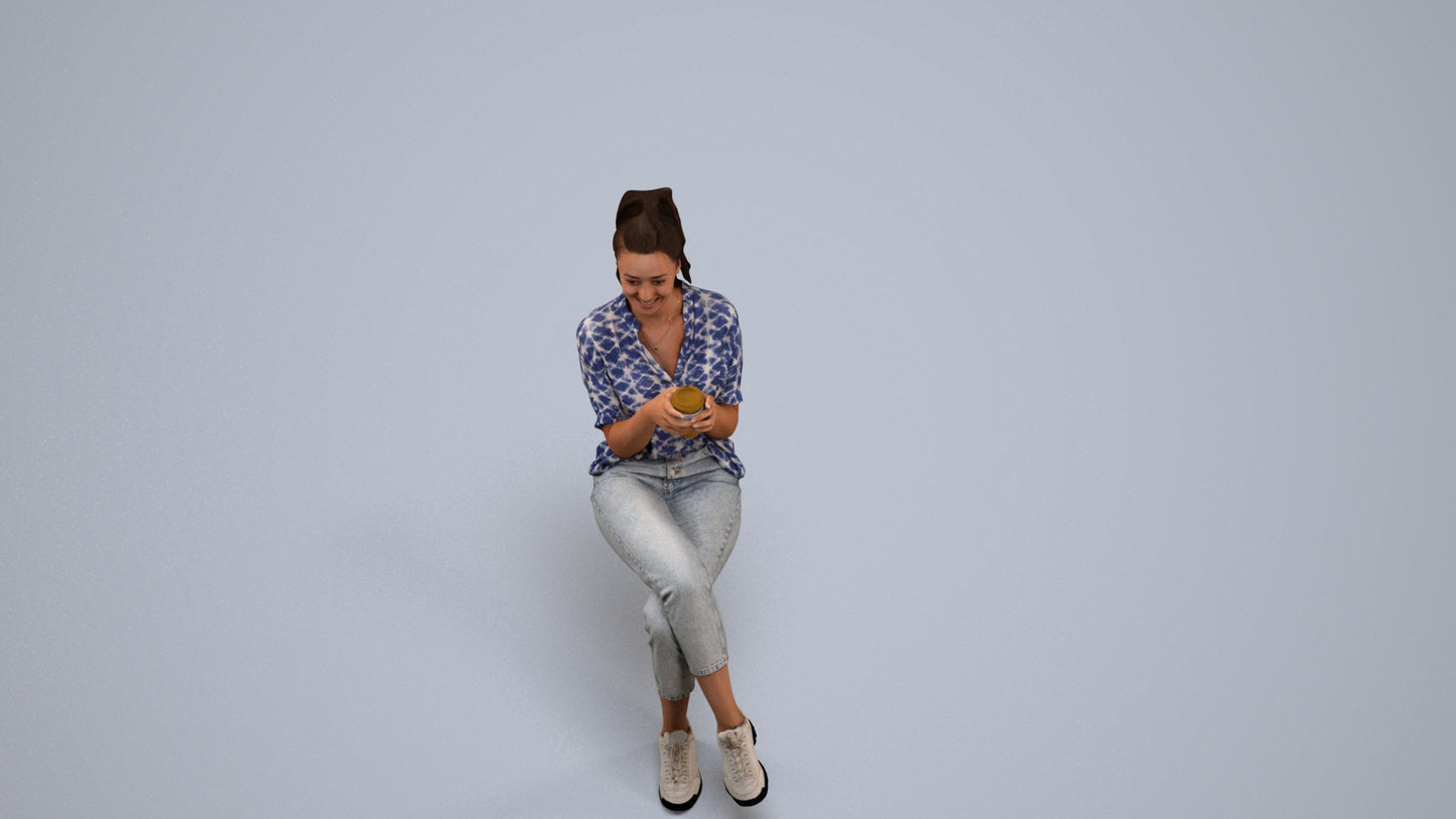 realistic 3D woman casual sitting, scanned archviz people for Blender and 3ds Max, back view render