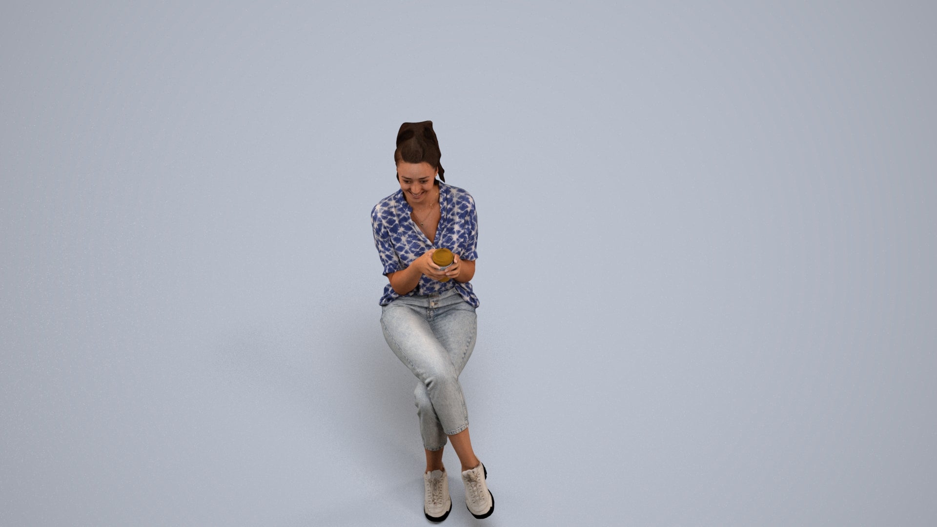 realistic 3D woman casual sitting, scanned archviz people for Blender and 3ds Max, back view render