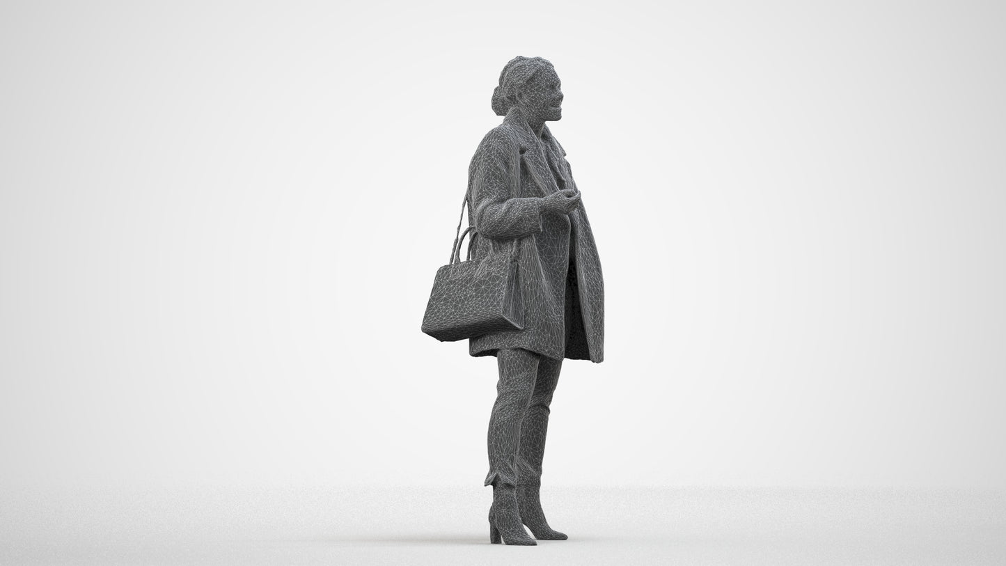 3D human model woman business standing, photogrammetry scanned person for archviz, wireframe side view