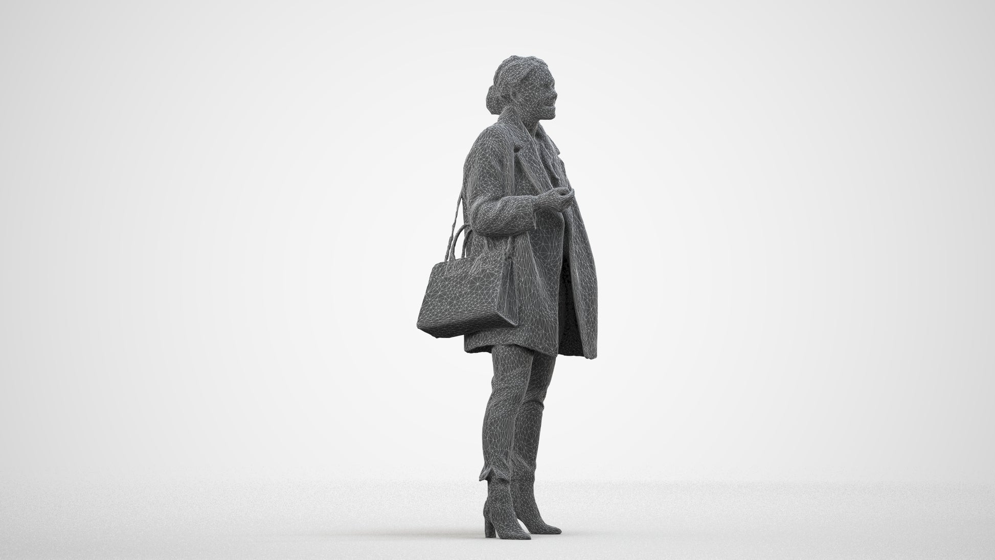 3D human model woman business standing, photogrammetry scanned person for archviz, wireframe side view