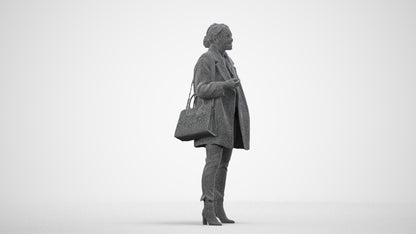 3D human model woman business standing, photogrammetry scanned person for archviz, wireframe side view