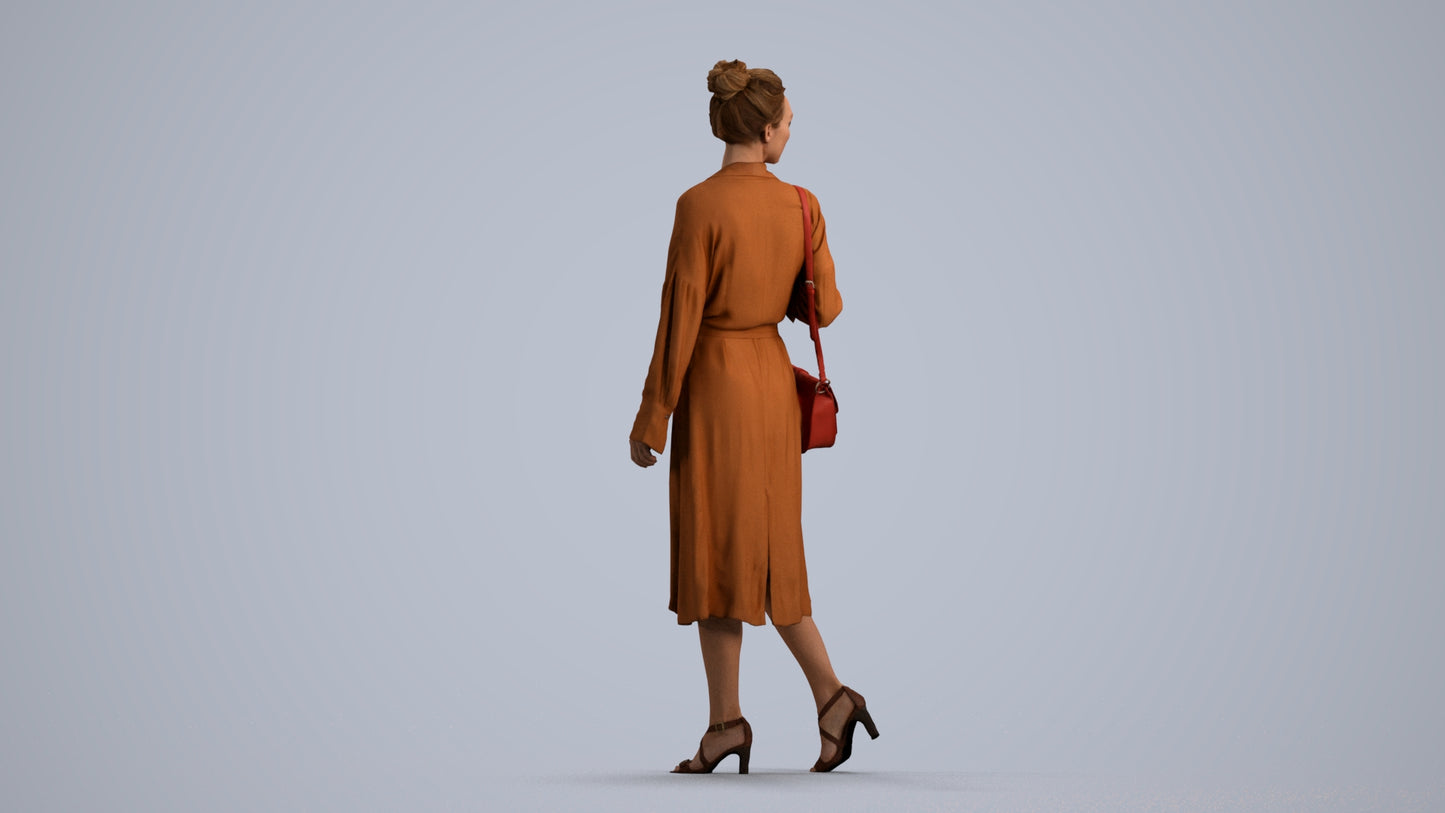 3D human model woman casual walking, photogrammetry scanned person for archviz, front view render