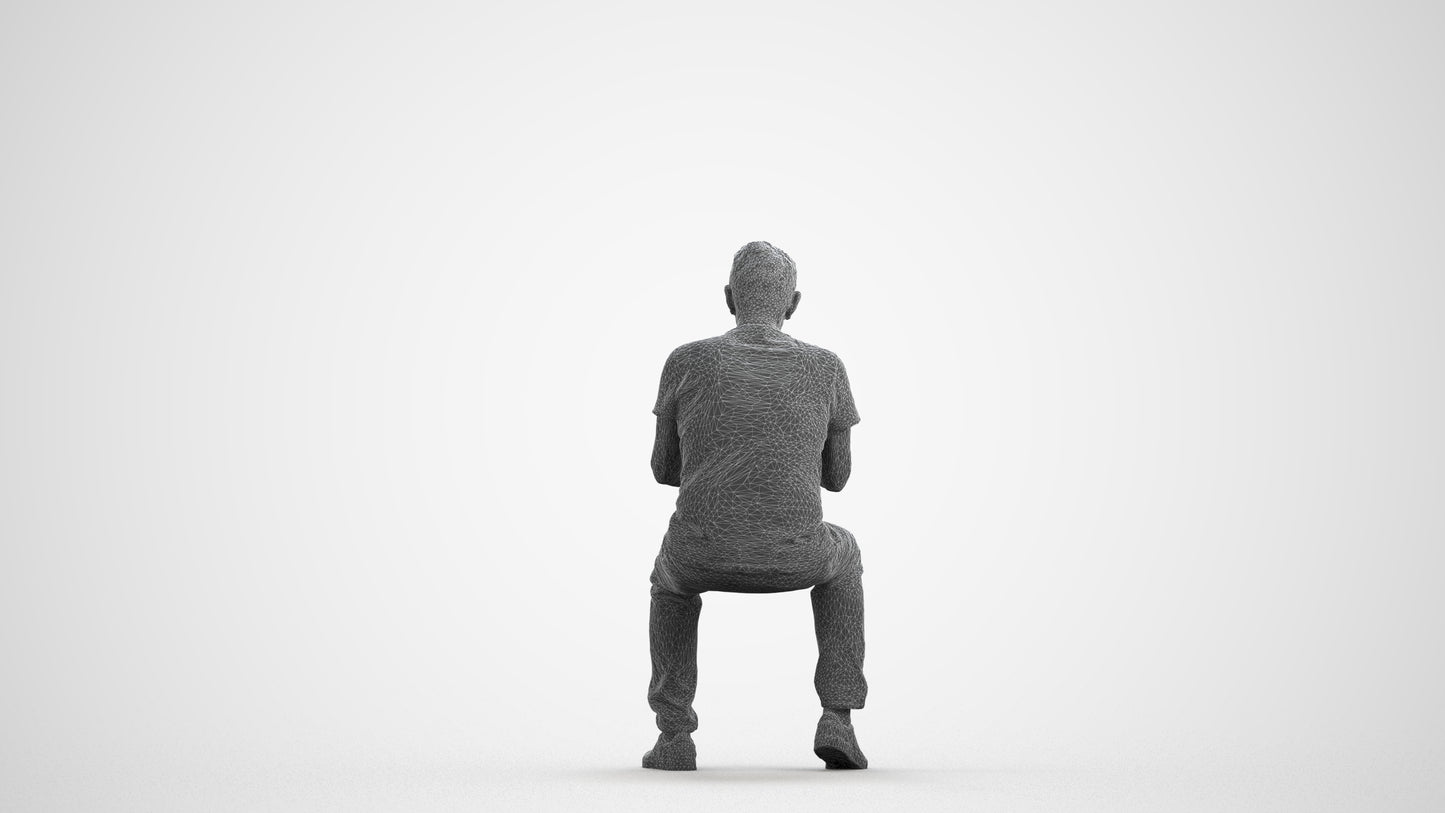 realistic 3D human senior man casual sitting, archviz people FBX OBJ for Blender, wireframe front view