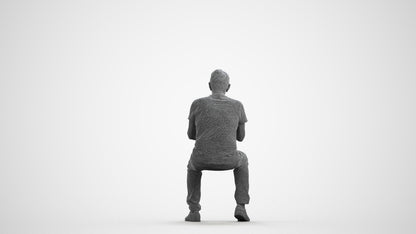 realistic 3D human senior man casual sitting, archviz people FBX OBJ for Blender, wireframe front view