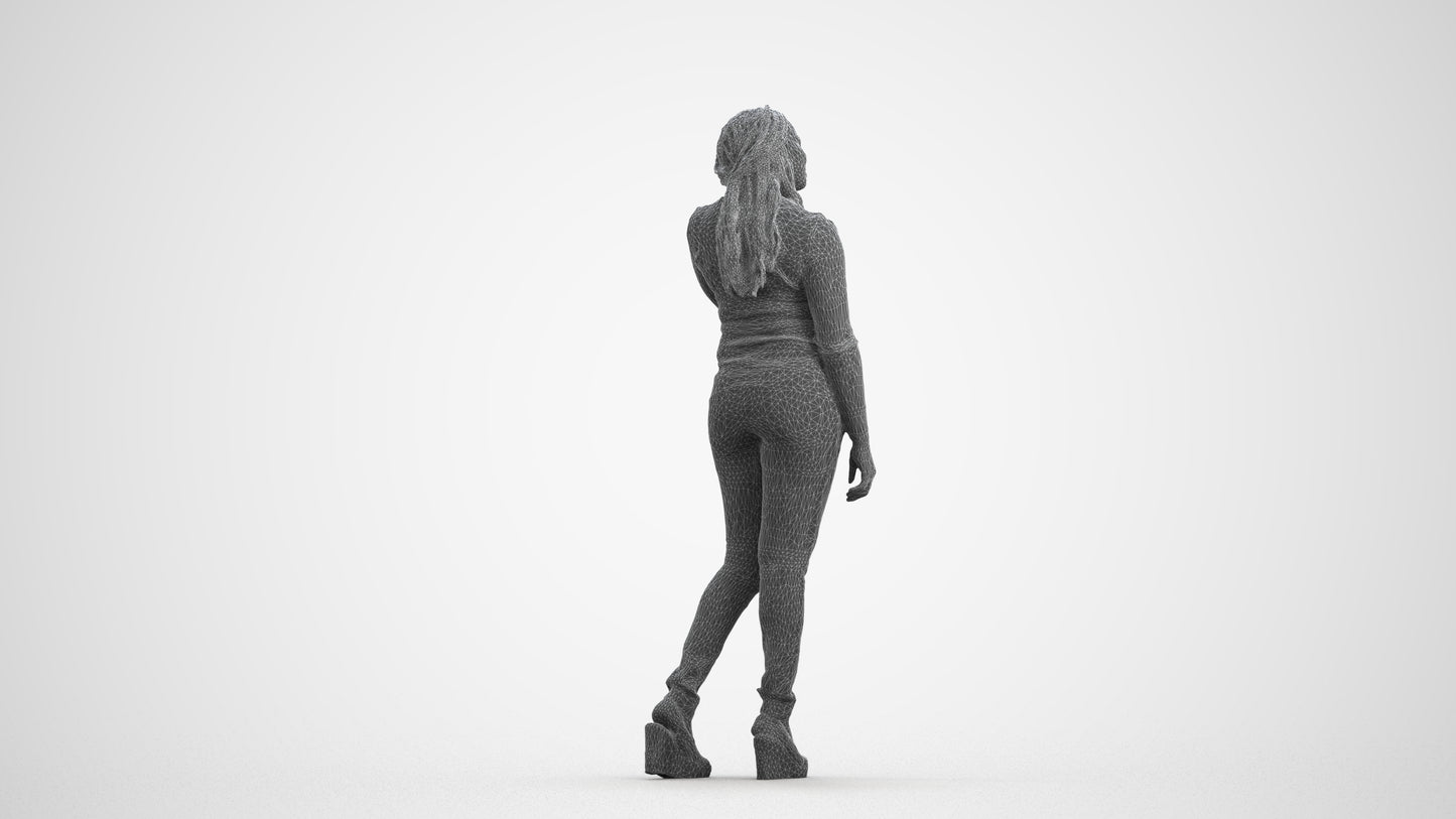 realistic 3D woman casual standing, scanned archviz people for Blender and 3ds Max, wireframe front view