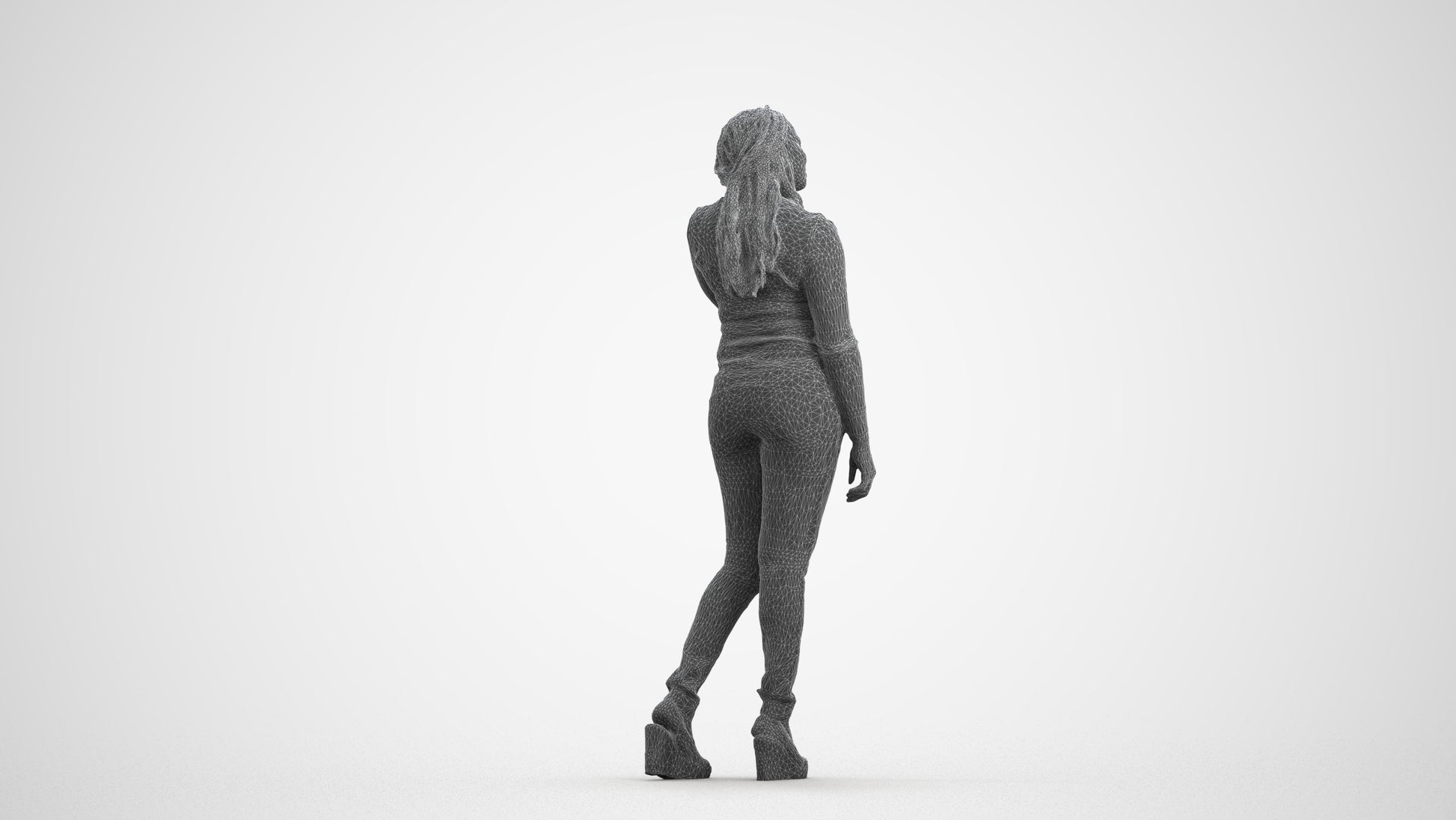 realistic 3D woman casual standing, scanned archviz people for Blender and 3ds Max, wireframe front view