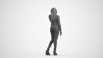 realistic 3D woman casual standing, scanned archviz people for Blender and 3ds Max, wireframe front view