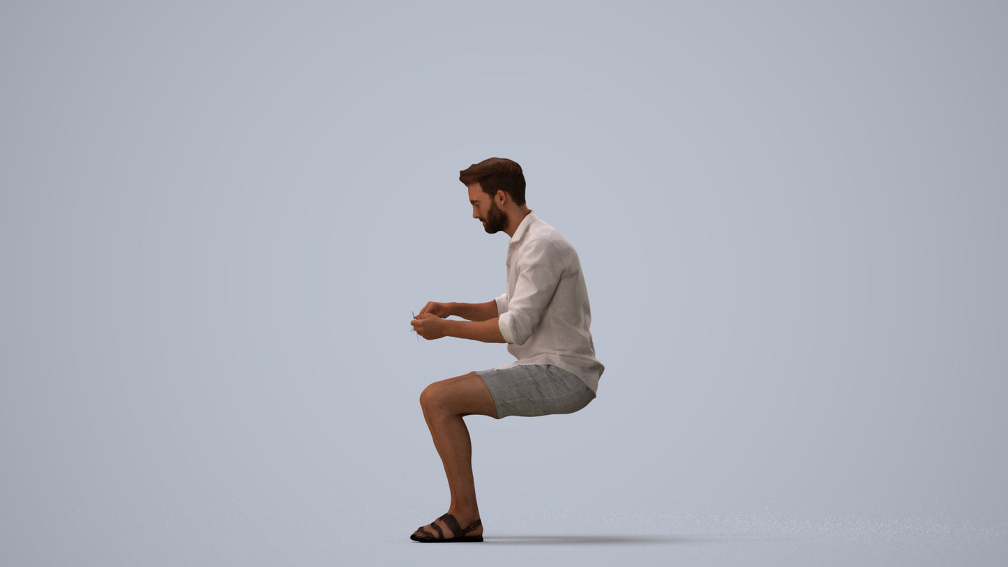 scanned 3D man casual sitting, photogrammetry people for Enscape and V-Ray, three-quarter view render