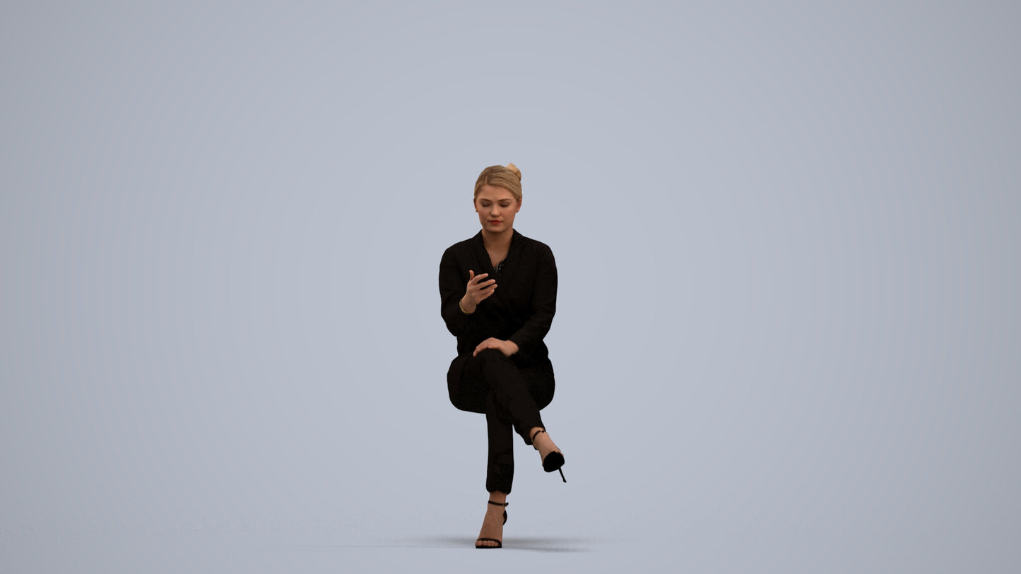 3D human model woman business sitting, photogrammetry scanned person for archviz, standing pose render