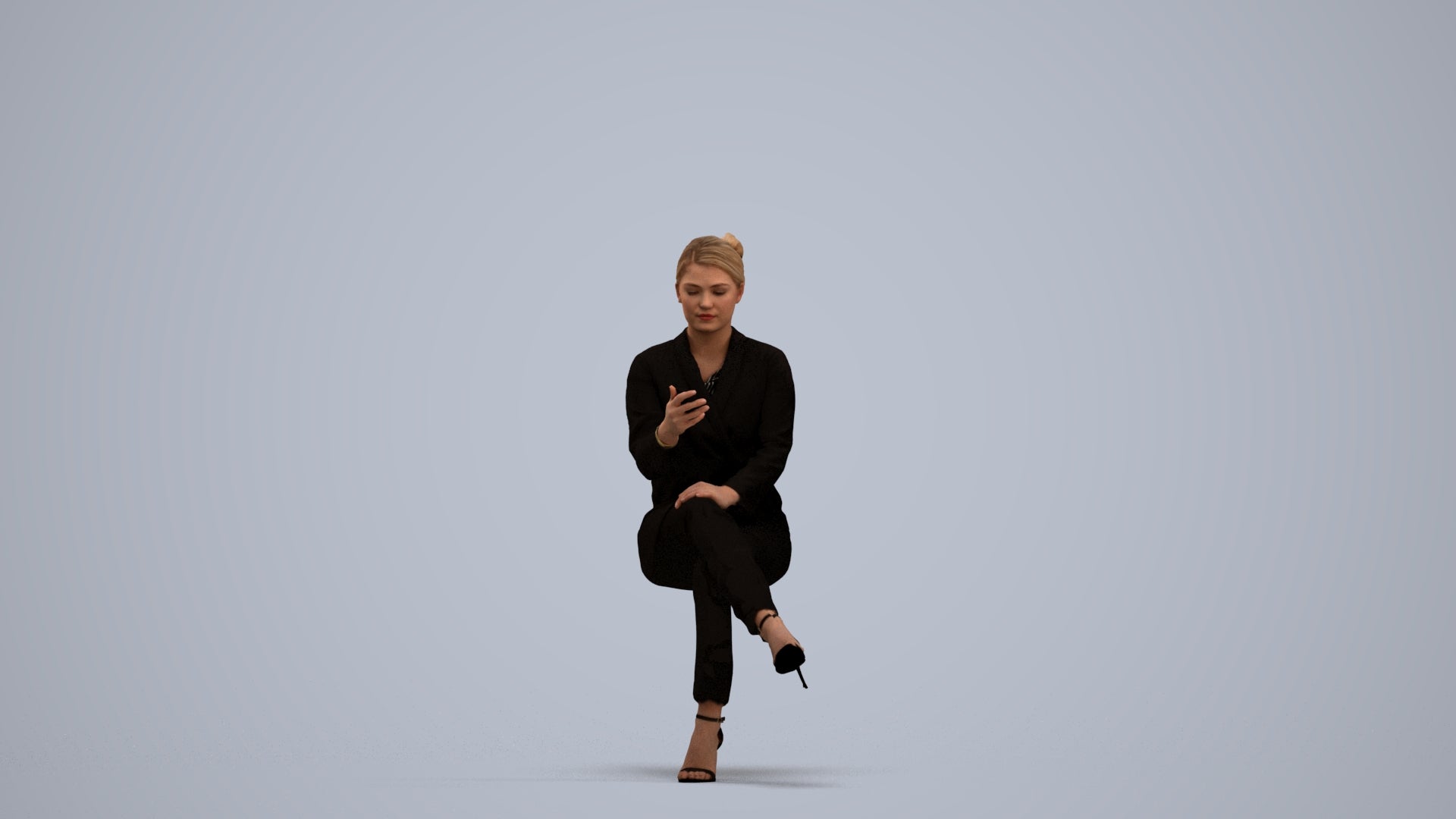 3D human model woman business sitting, photogrammetry scanned person for archviz, standing pose render