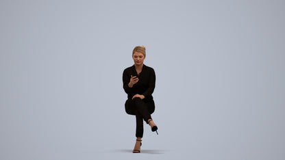3D human model woman business sitting, photogrammetry scanned person for archviz, standing pose render