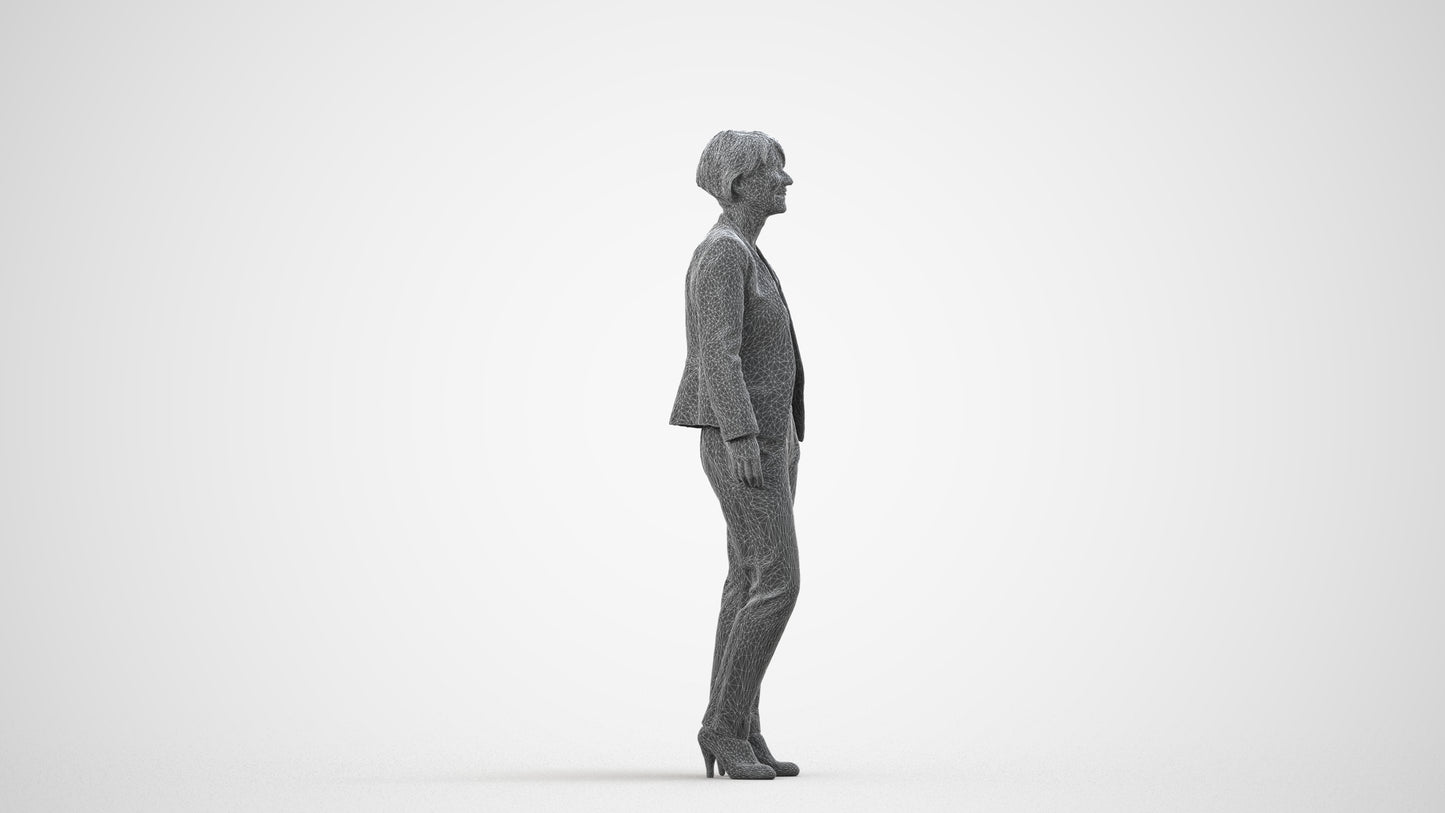 scanned 3D senior woman business standing, photogrammetry people for Enscape and V-Ray, wireframe side view