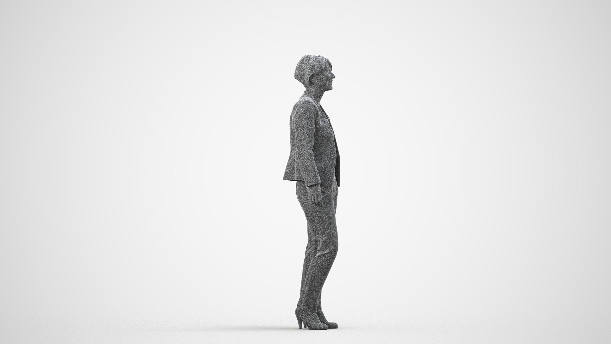 scanned 3D senior woman business standing, photogrammetry people for Enscape and V-Ray, wireframe side view