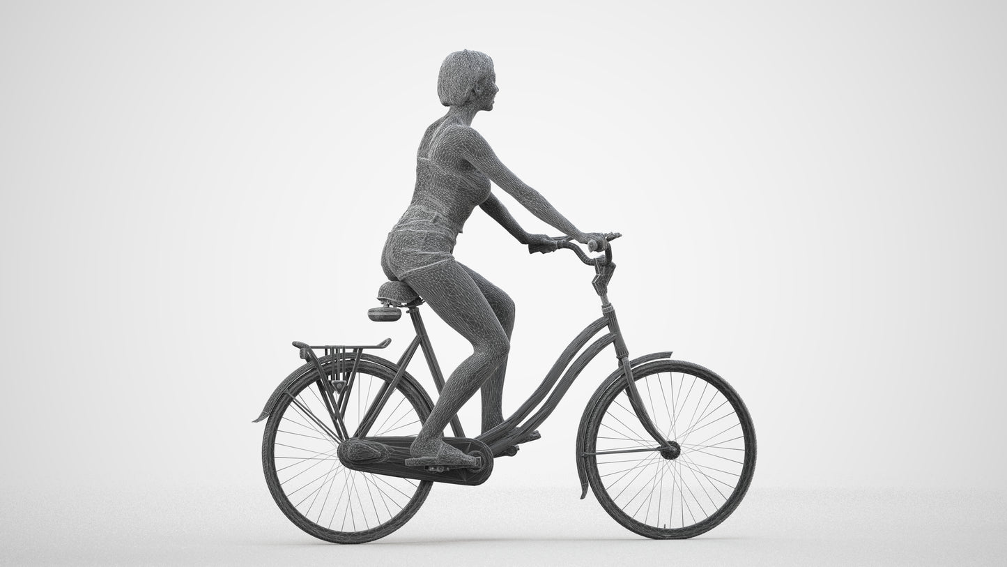 3D human model woman casual cycling, photogrammetry scanned person for archviz, wireframe side view