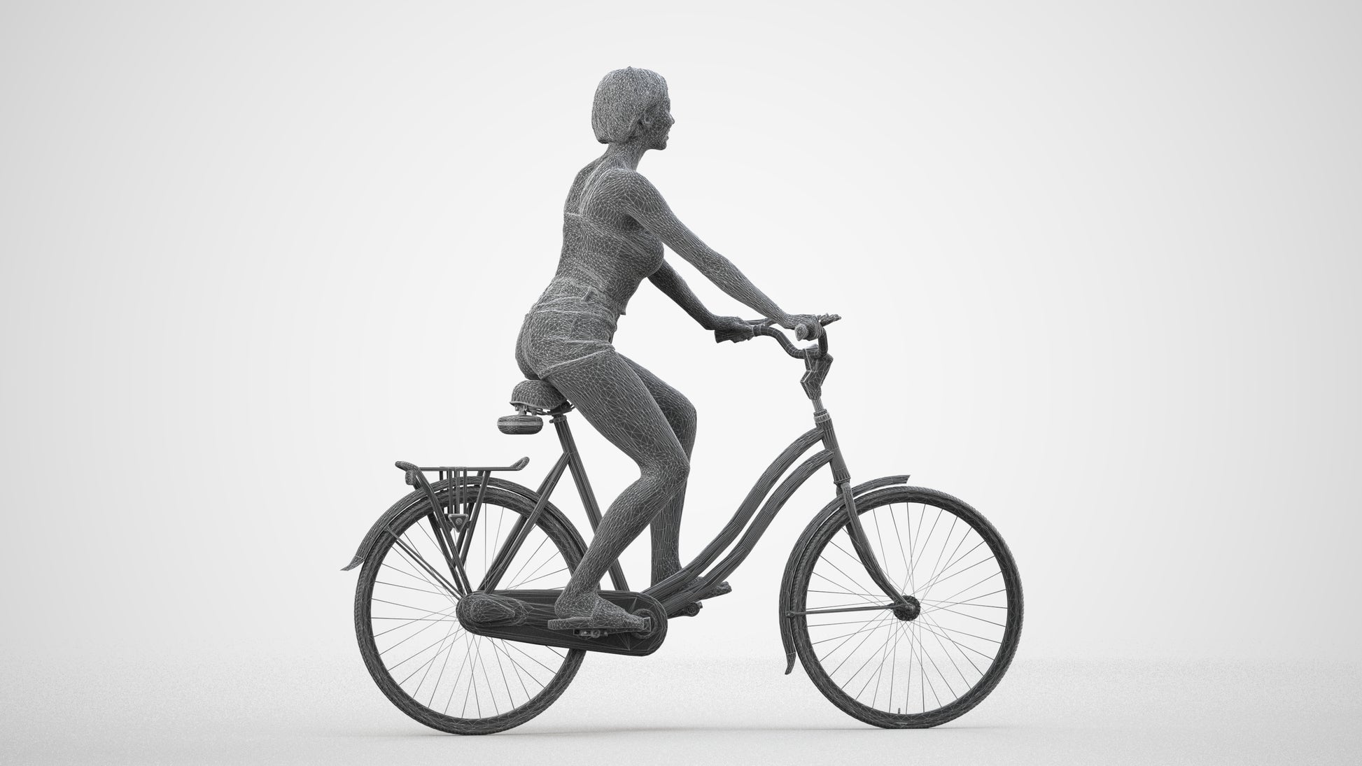 3D human model woman casual cycling, photogrammetry scanned person for archviz, wireframe side view