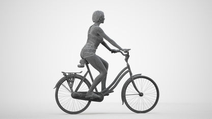 3D human model woman casual cycling, photogrammetry scanned person for archviz, wireframe side view