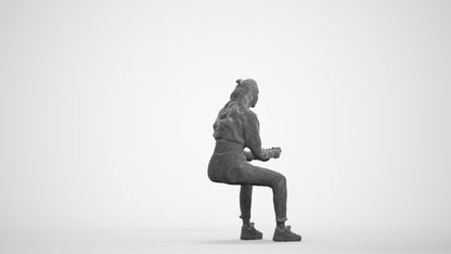 3D scanned woman sitting, photorealistic archviz people for Enscape and SketchUp, wireframe front view