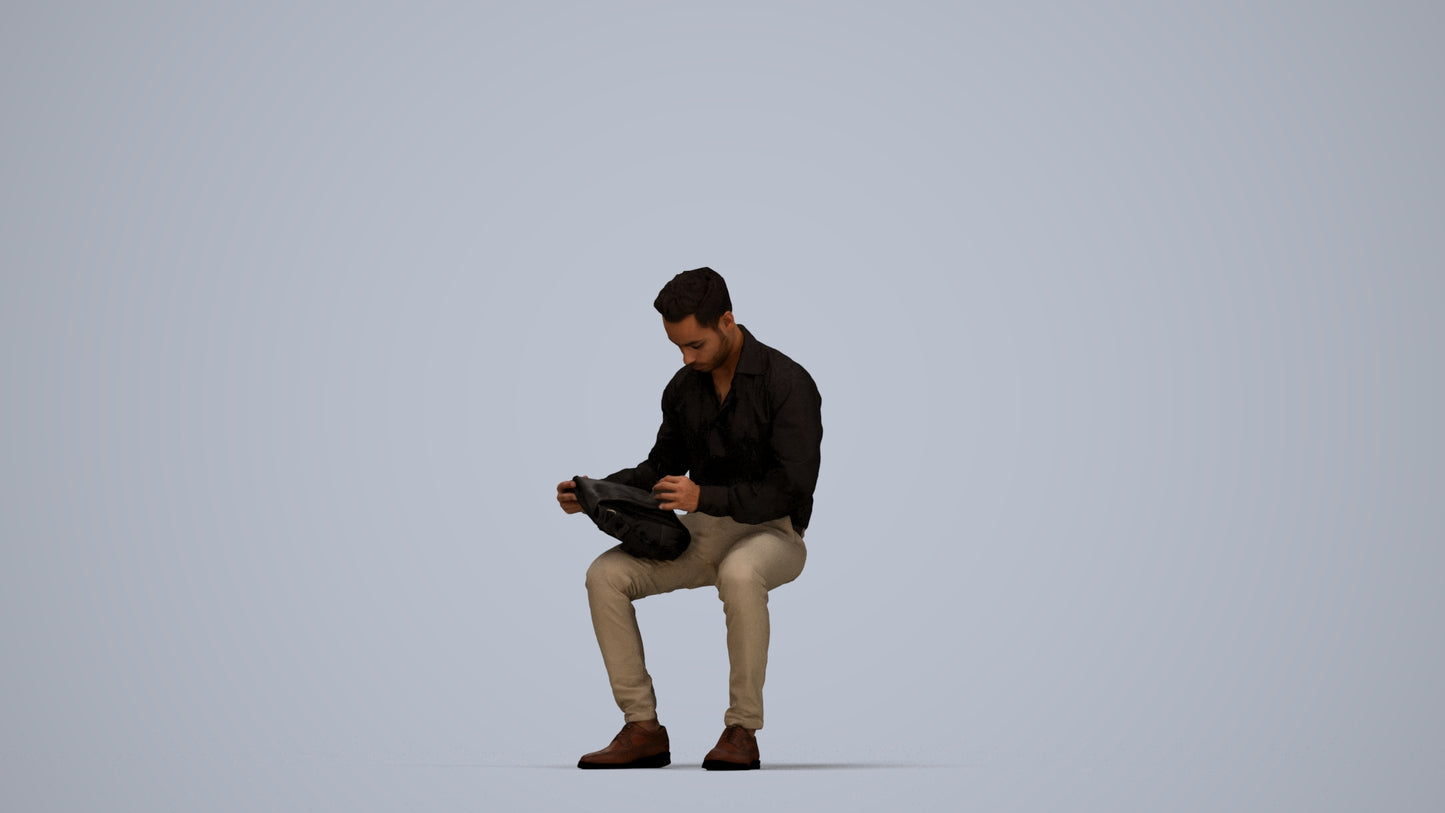 photogrammetry 3D man business sitting, realistic human model archviz FBX, top-down view render