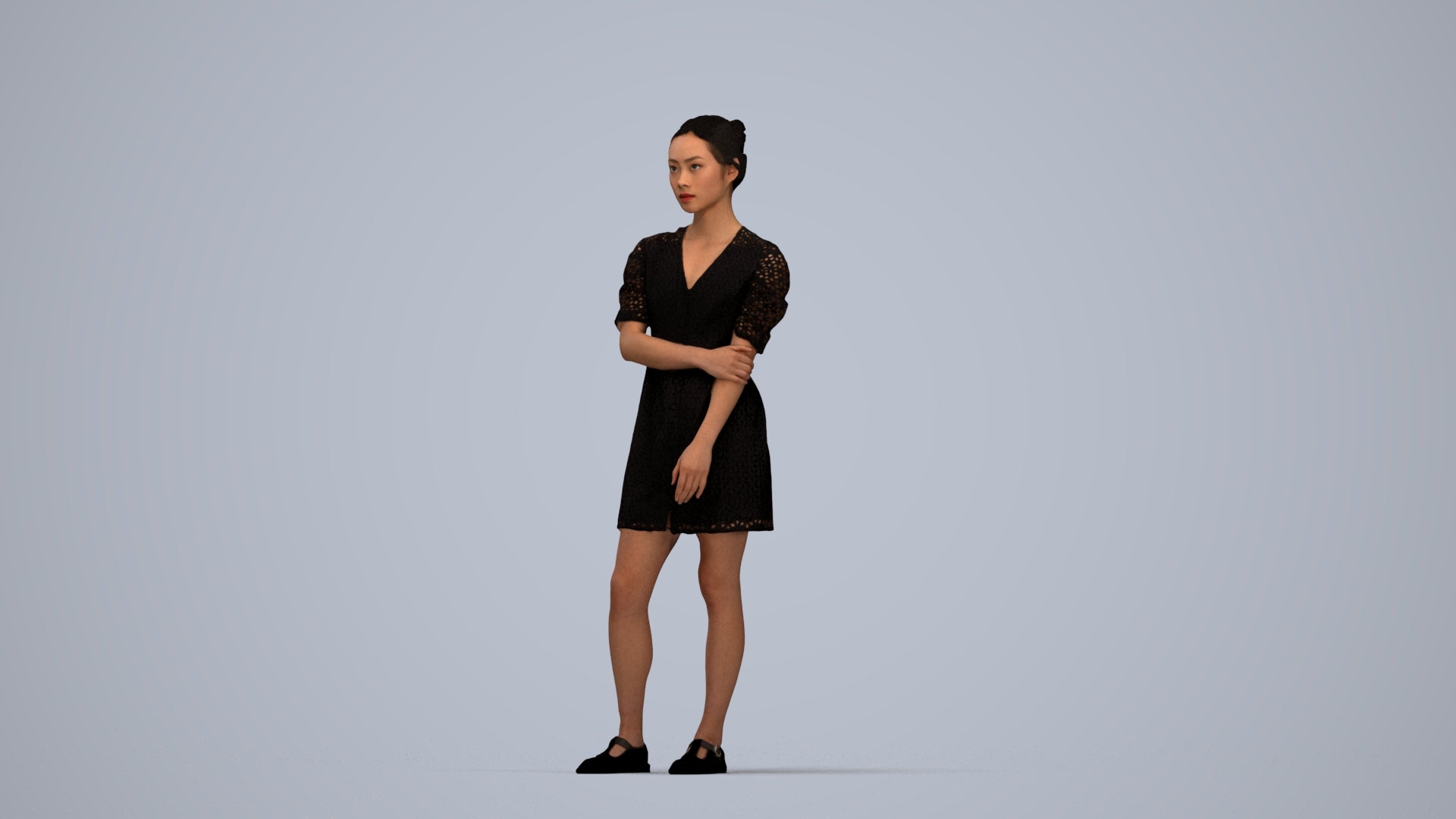 realistic 3D human woman business standing, archviz people FBX OBJ for Blender, top-down view render