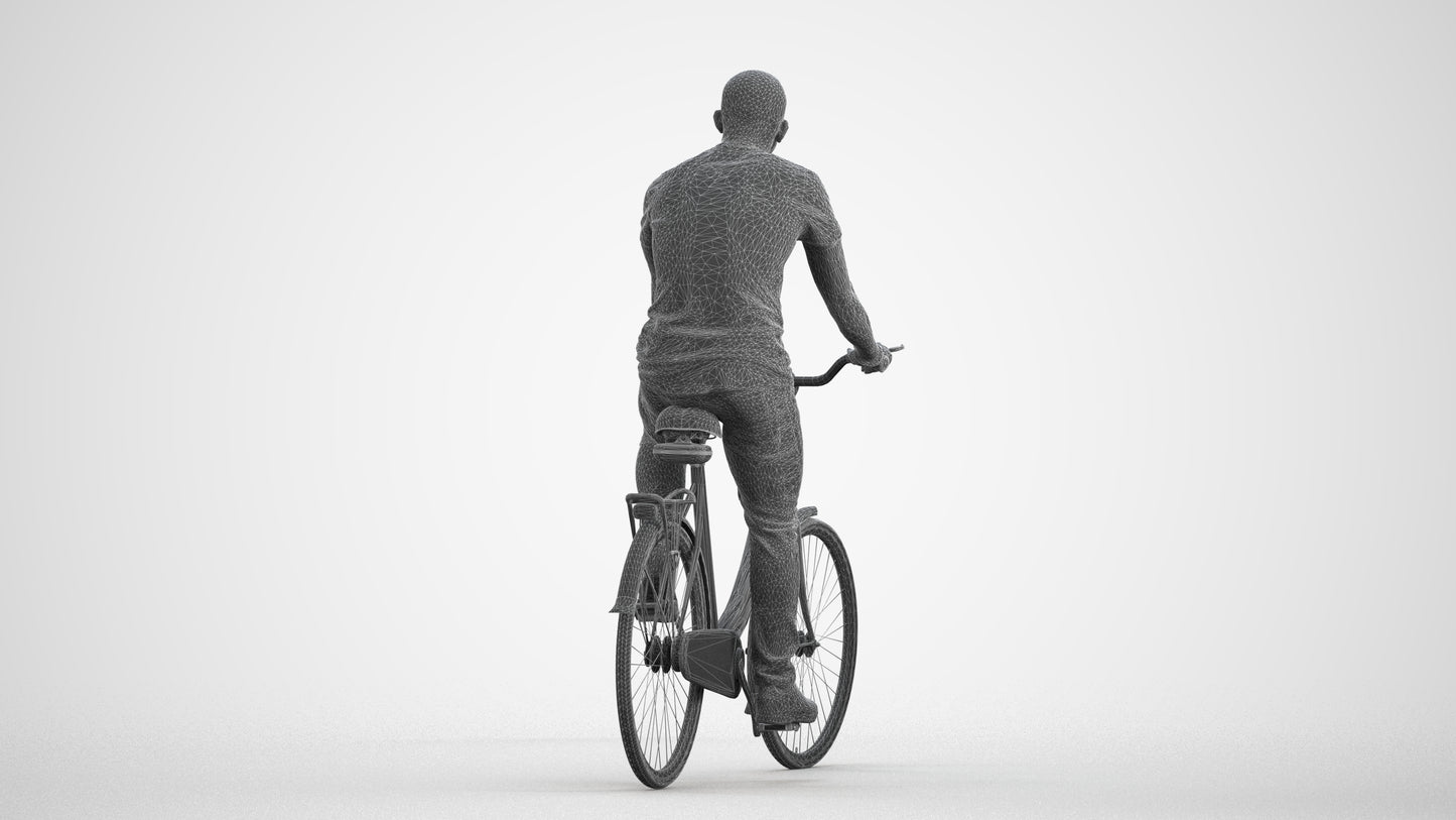 photogrammetry 3D man casual cycling, realistic human model archviz FBX, wireframe front view