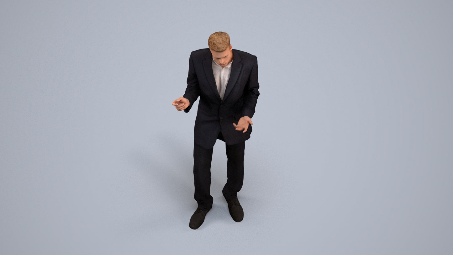 3D human model man business, photogrammetry scanned person for archviz, back view render