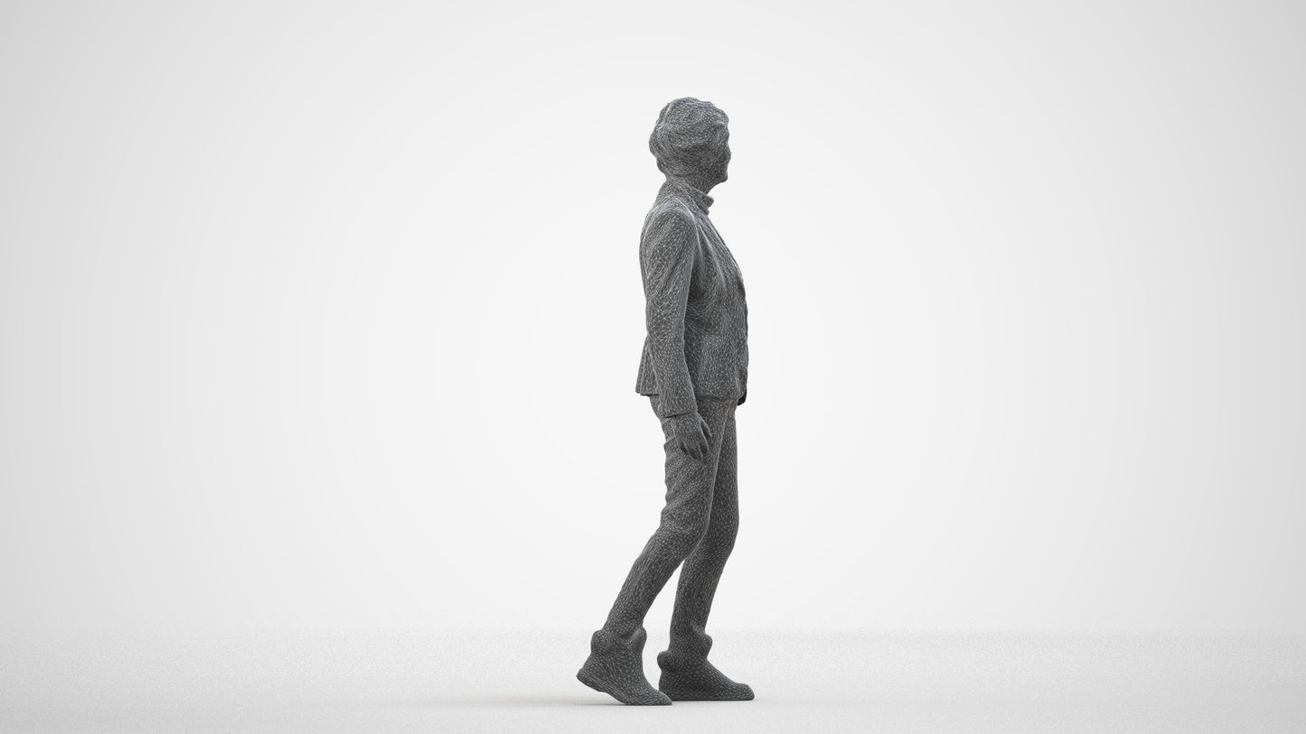 realistic 3D human senior woman business standing, archviz people FBX OBJ for Blender, wireframe side view