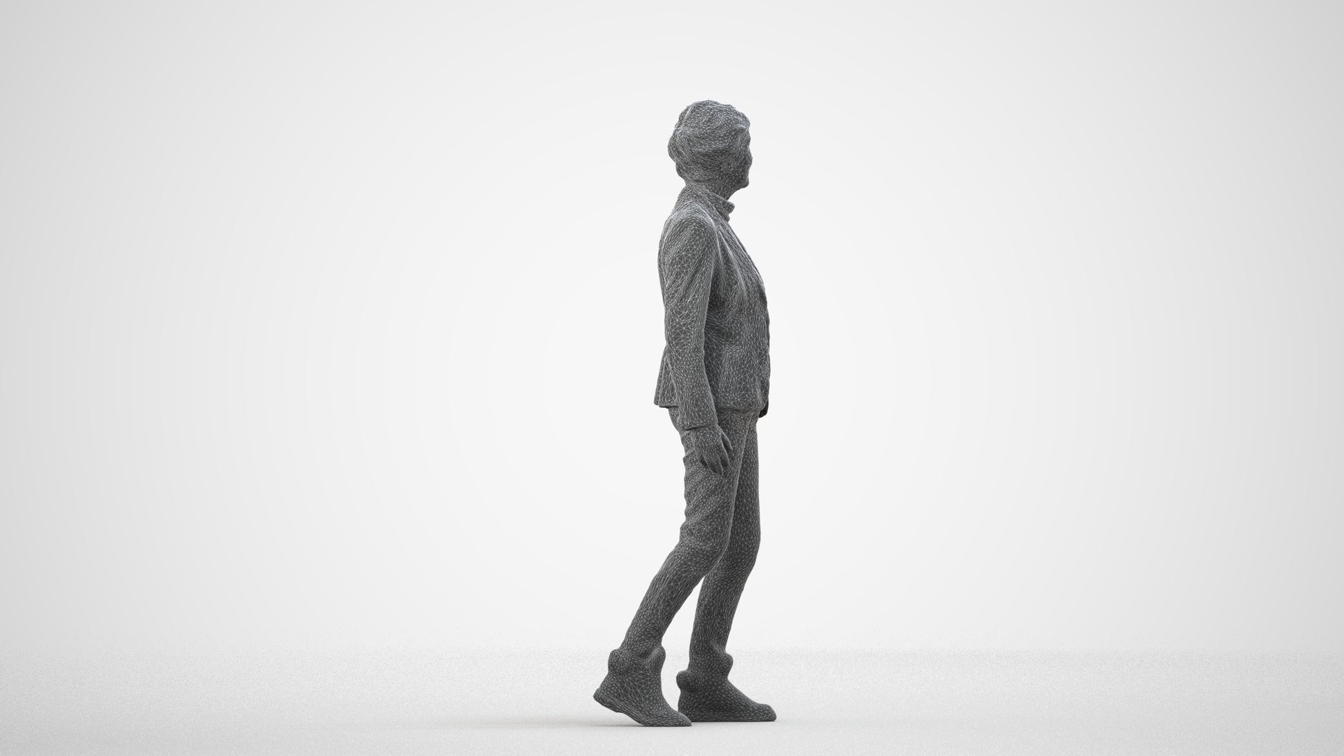 realistic 3D human senior woman business standing, archviz people FBX OBJ for Blender, wireframe side view