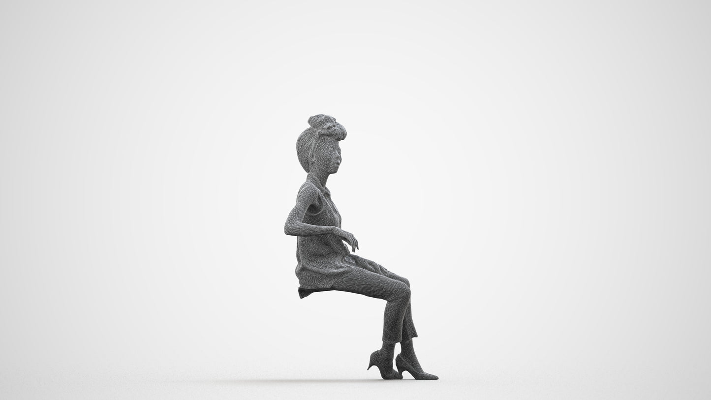 3D people model woman casual sitting, scanned human for 3ds Max rendering, wireframe side view