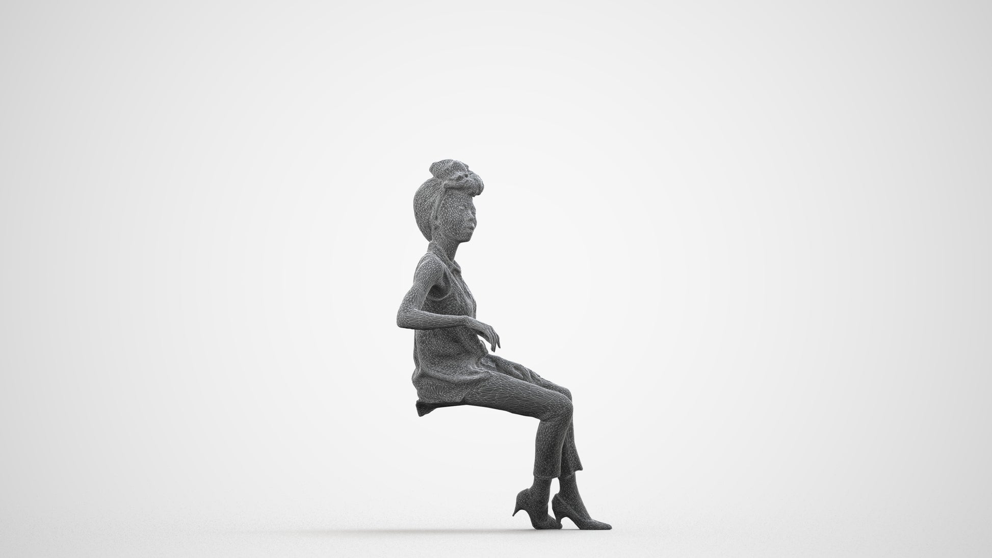 3D people model woman casual sitting, scanned human for 3ds Max rendering, wireframe side view