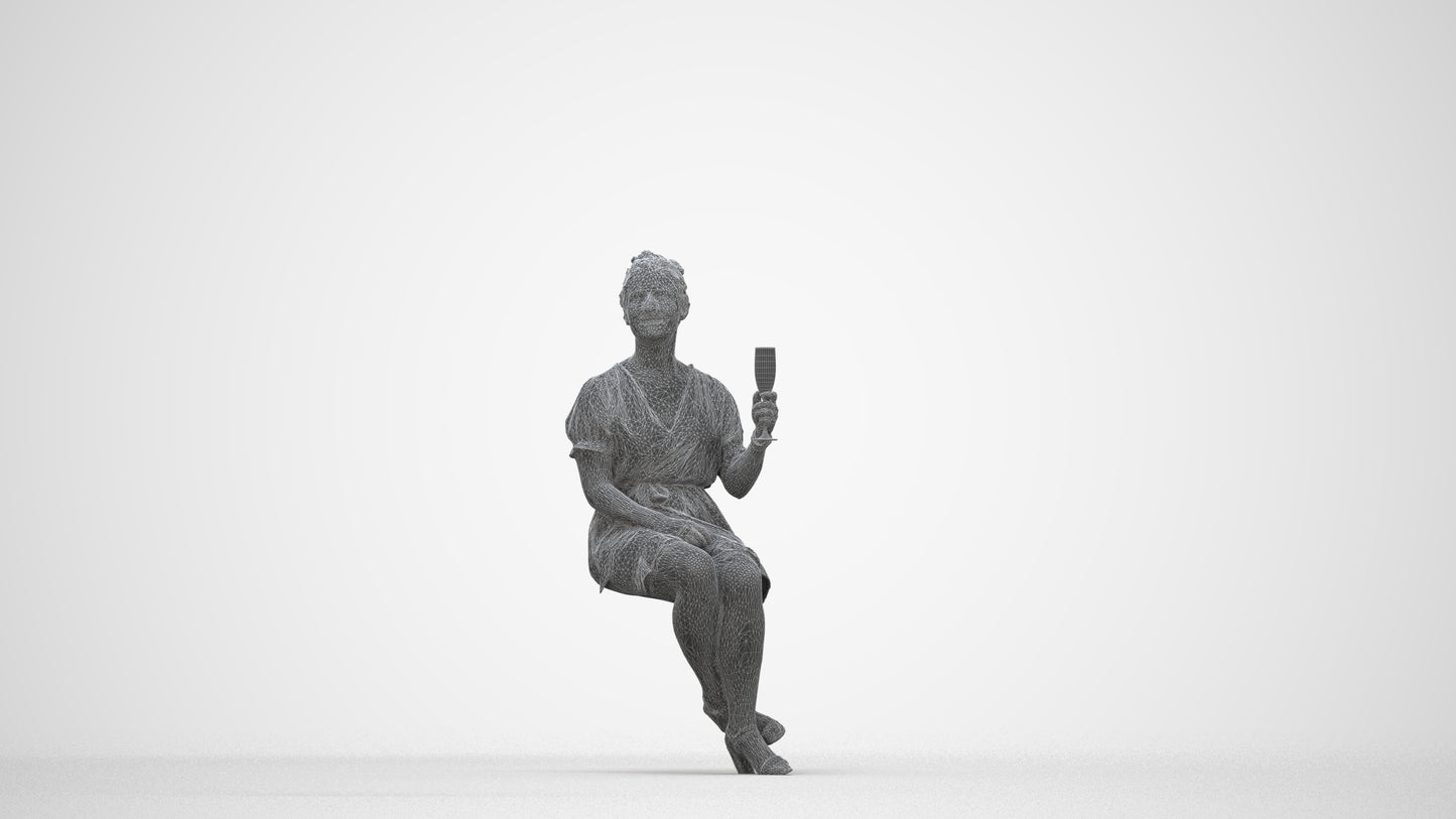 scanned 3D woman casual sitting, photogrammetry people for Enscape and V-Ray, wireframe back view