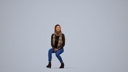 3D human model woman casual sitting, photogrammetry scanned person for archviz, top-down view render