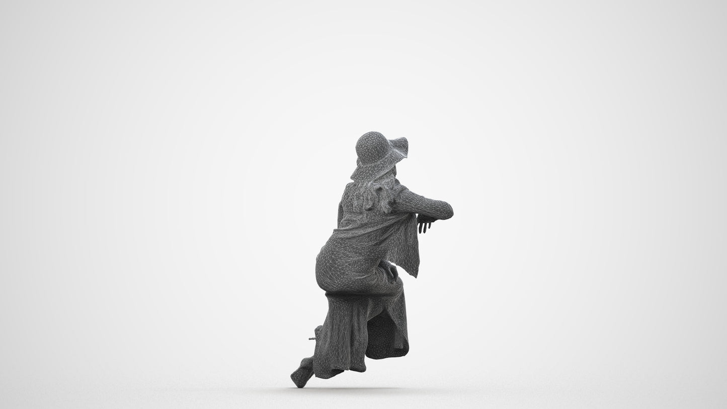 realistic 3D woman casual sitting, scanned archviz people for Blender and 3ds Max, wireframe side view