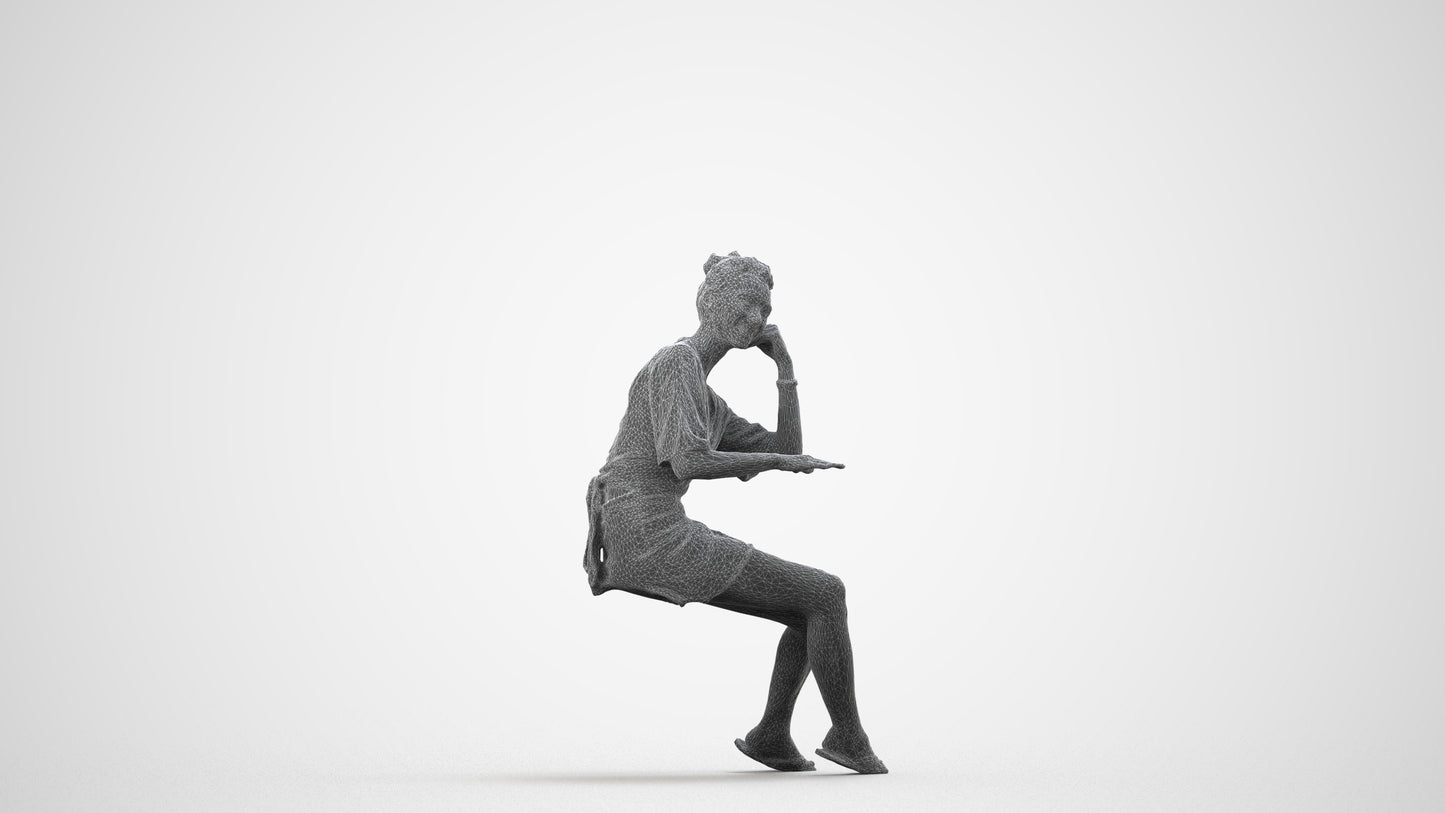 realistic 3D human woman casual sitting, archviz people FBX OBJ for Blender, wireframe side view