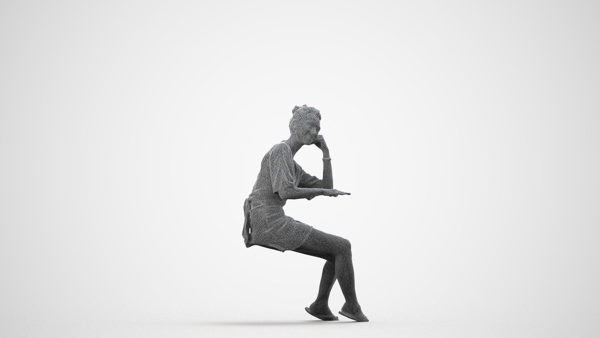 realistic 3D human woman casual sitting, archviz people FBX OBJ for Blender, wireframe side view