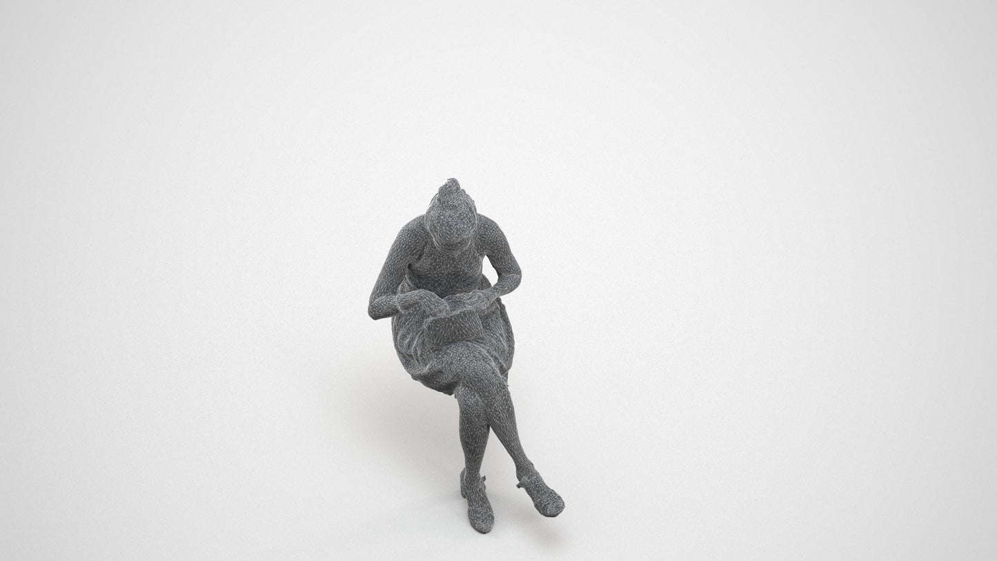 realistic 3D woman formal sitting, scanned archviz people for Blender and 3ds Max, wireframe three-quarter view