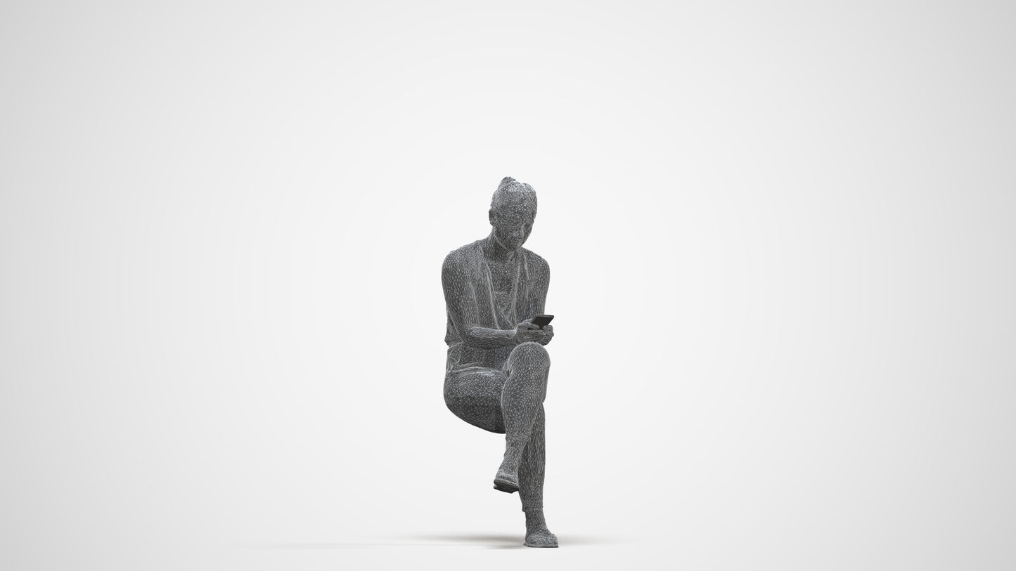 realistic 3D people woman casual sitting, render-ready for V-Ray and Corona, FBX OBJ, three-quarter front view render