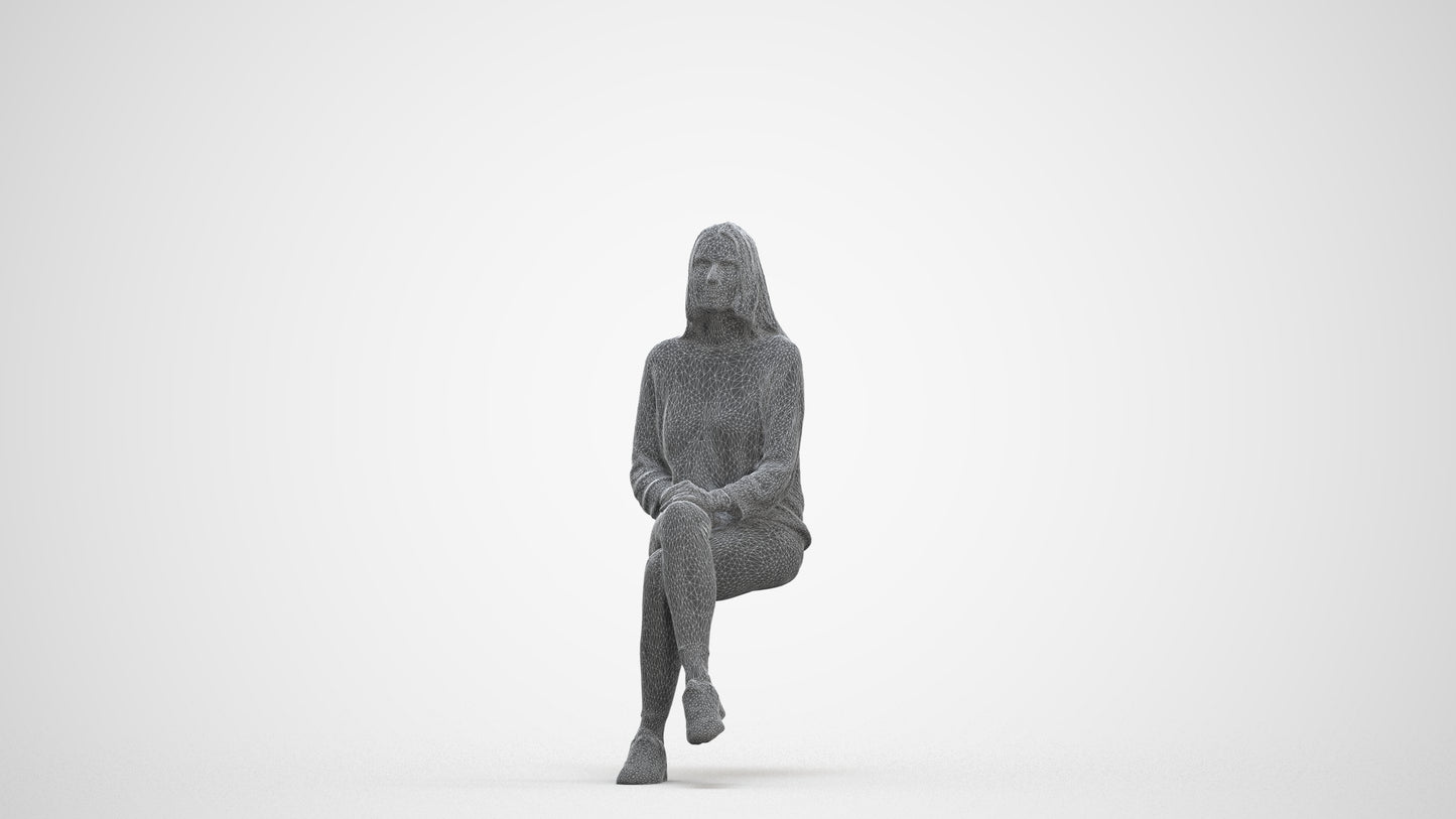 realistic 3D human woman casual sitting, archviz people FBX OBJ for Blender, three-quarter front view render