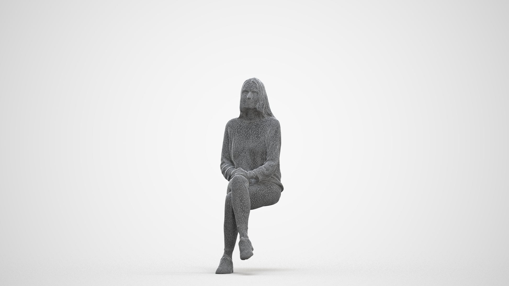 realistic 3D human woman casual sitting, archviz people FBX OBJ for Blender, three-quarter front view render