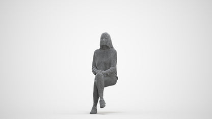 realistic 3D human woman casual sitting, archviz people FBX OBJ for Blender, three-quarter front view render